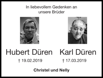 Traueranzeige von Hubert Düren Karl Düren von Super Sonntag / Super Mittwoch