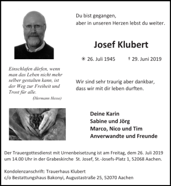 Traueranzeige von Josef Klubert von Super Sonntag / Super Mittwoch