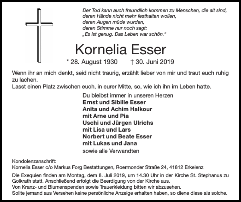  Traueranzeige für Kornelia Esser vom 07.07.2019 aus Super Sonntag / Super Mittwoch