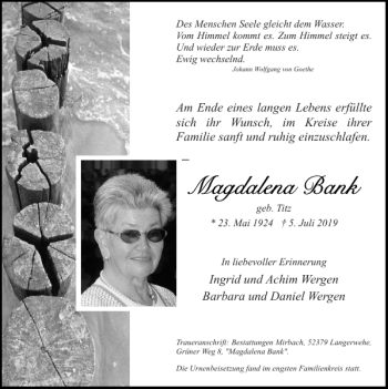 Traueranzeige von Magdalena Bank von Super Sonntag / Super Mittwoch