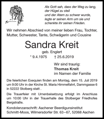 Traueranzeige von Sandra Kreit von Super Sonntag / Super Mittwoch