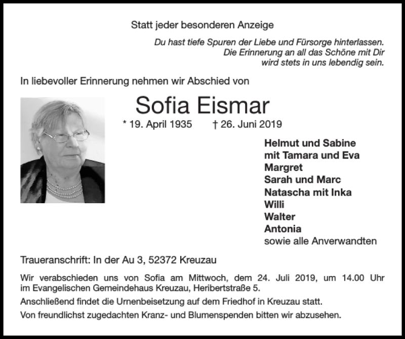  Traueranzeige für Sofia Eismar vom 14.07.2019 aus Super Sonntag / Super Mittwoch