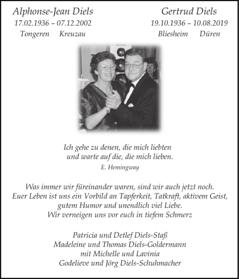  Traueranzeige für Alphonse-Jean Diels Gertrud Diels vom 25.08.2019 aus Super Sonntag / Super Mittwoch