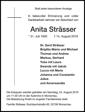 Traueranzeige von Anita Strässer von Aachener Zeitung / Aachener Nachrichten