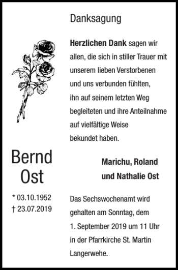Traueranzeige von Bernd Ost von Super Sonntag / Super Mittwoch