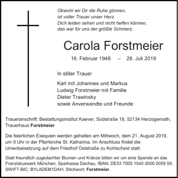 Traueranzeige von Carola Forstmeier von Super Sonntag / Super Mittwoch
