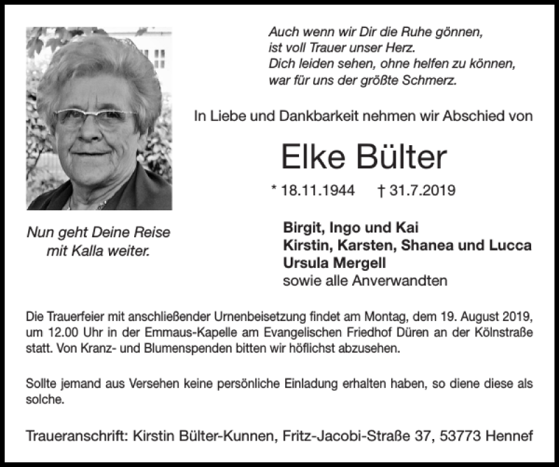  Traueranzeige für Elke Bülter vom 11.08.2019 aus Super Sonntag / Super Mittwoch