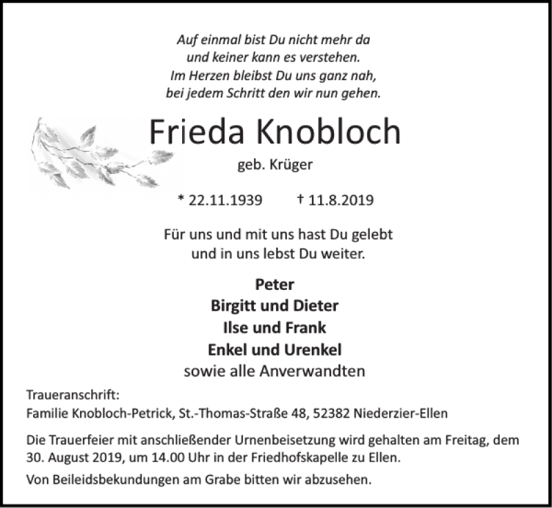  Traueranzeige für Frieda Knobloch vom 25.08.2019 aus Super Sonntag / Super Mittwoch