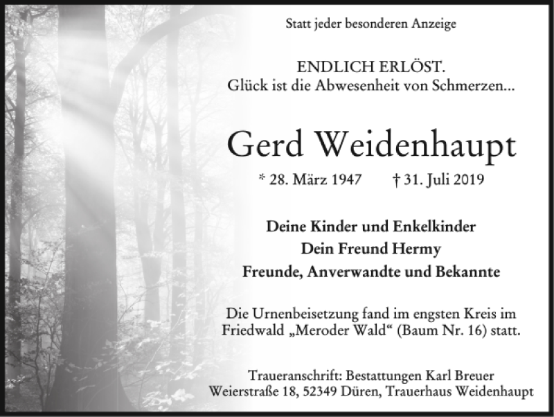  Traueranzeige für Gerd Weidenhaupt vom 25.08.2019 aus Super Sonntag / Super Mittwoch