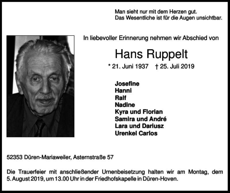 Traueranzeige für Hans Ruppelt vom 04.08.2019 aus Super Sonntag / Super Mittwoch