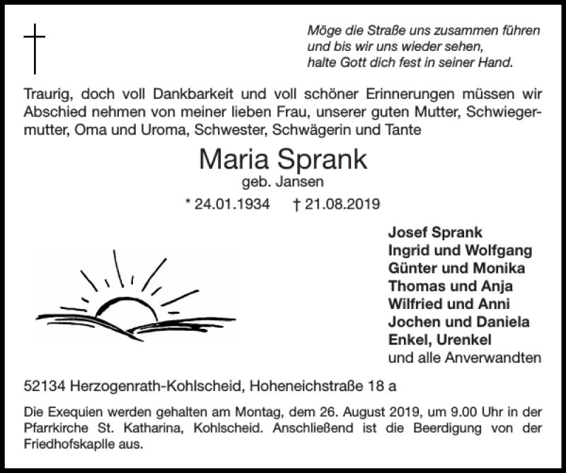 Traueranzeige für Maria Sprank vom 25.08.2019 aus Super Sonntag / Super Mittwoch