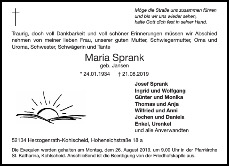  Traueranzeige für Maria Sprank vom 24.08.2019 aus Aachener Zeitung / Aachener Nachrichten