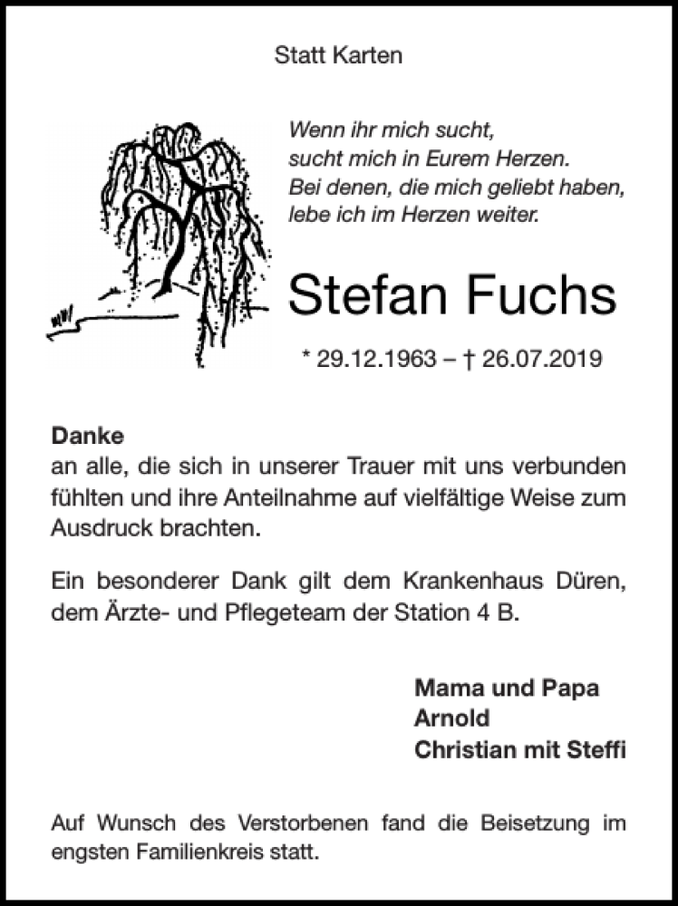  Traueranzeige für Stefan Fuchs vom 25.08.2019 aus Super Sonntag / Super Mittwoch