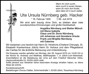 Traueranzeige von Ute Ursula Nürnberg geb. Hacker von Super Sonntag / Super Mittwoch