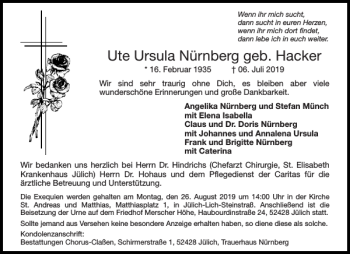 Traueranzeige von Ute Ursula Nürnberg geb. Hacker von Aachener Zeitung / Aachener Nachrichten