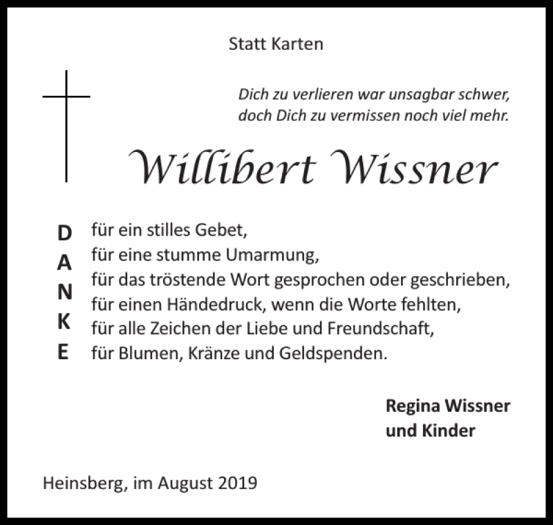  Traueranzeige für Willibert Wissner vom 04.08.2019 aus Super Sonntag / Super Mittwoch