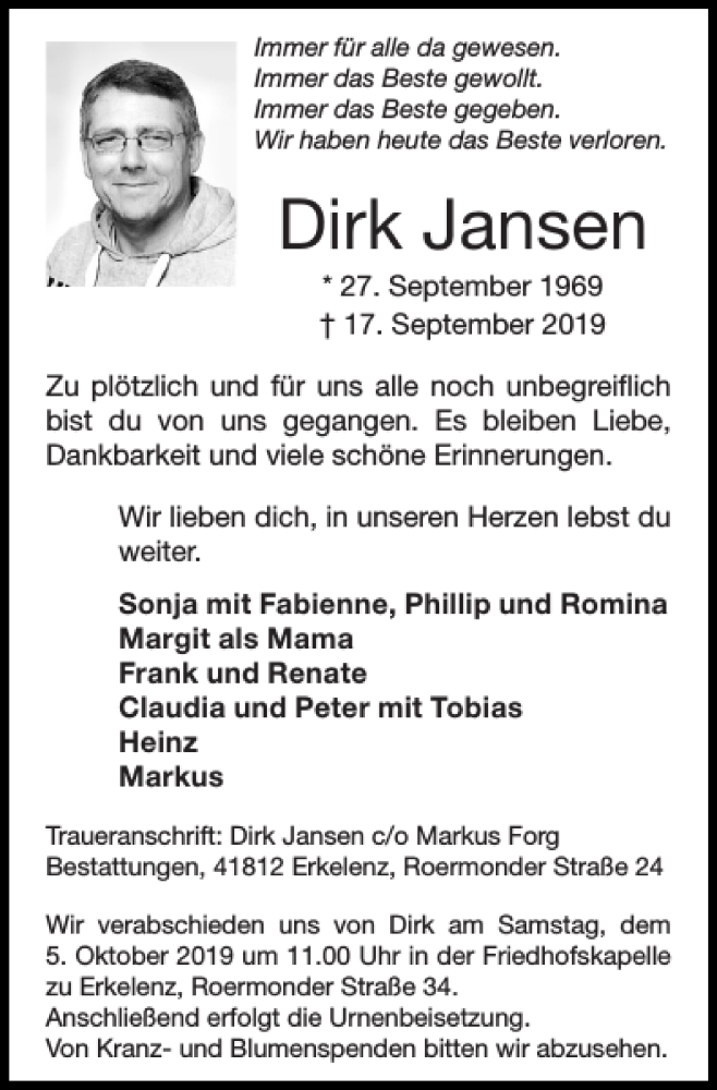  Traueranzeige für Dirk Jansen vom 29.09.2019 aus Super Sonntag / Super Mittwoch
