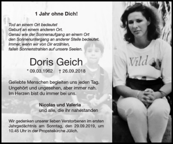 Traueranzeige von Doris Geich von Super Sonntag / Super Mittwoch