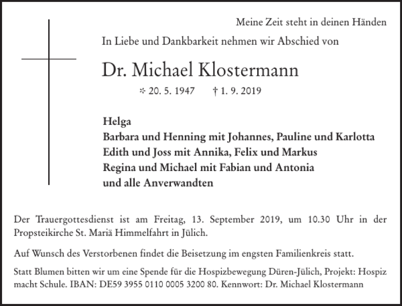  Traueranzeige für Dr. Michael Klostermann vom 07.09.2019 aus Aachener Zeitung / Aachener Nachrichten