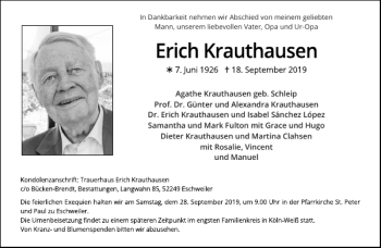 Traueranzeige von Erich Krauthausen von Aachener Zeitung / Aachener Nachrichten