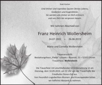 Traueranzeige von Franz Heinrich Wollersheim von Super Sonntag / Super Mittwoch