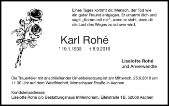 Traueranzeige von Karl Rohé von Super Sonntag / Super Mittwoch