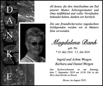 Traueranzeige von Magdalena Bank von Super Sonntag / Super Mittwoch