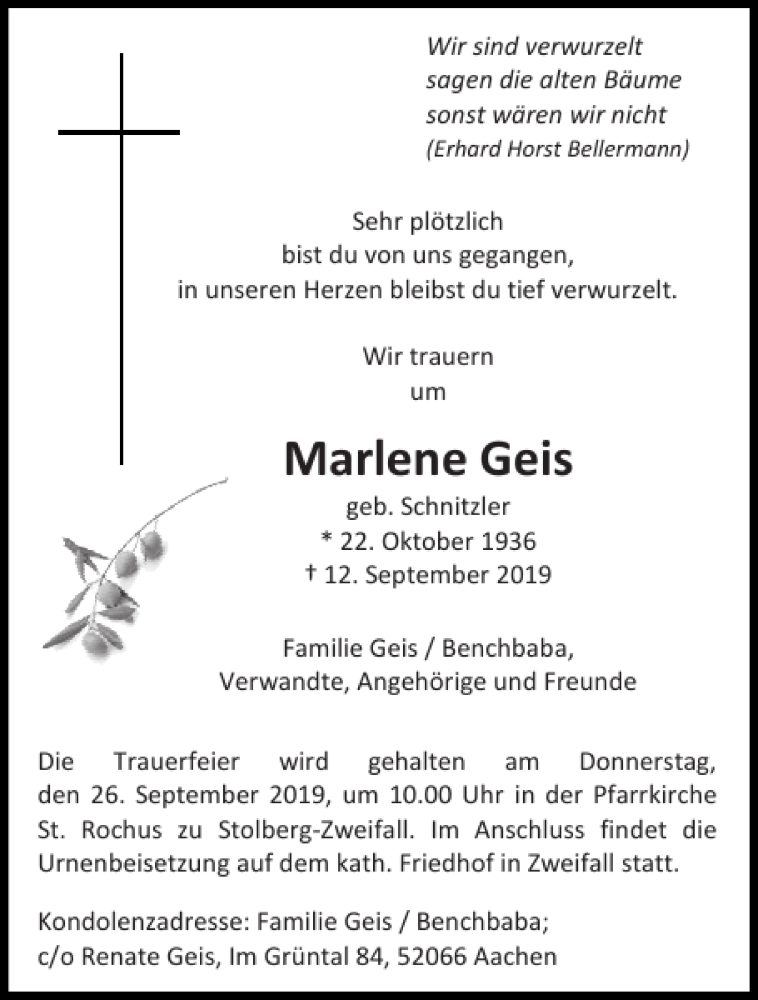 Traueranzeigen von Marlene Geis | Aachen gedenkt