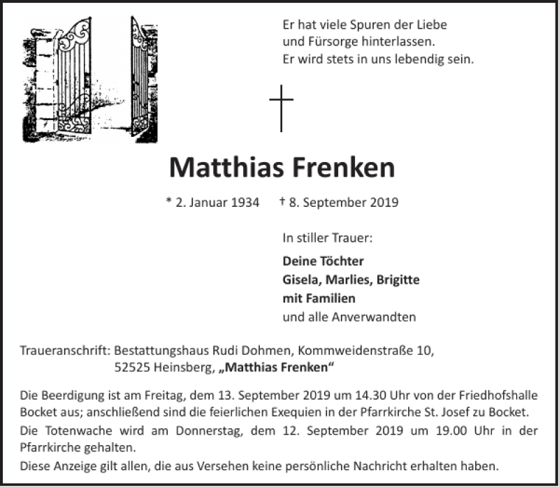  Traueranzeige für Matthias Frenken vom 11.09.2019 aus Aachener Zeitung / Aachener Nachrichten