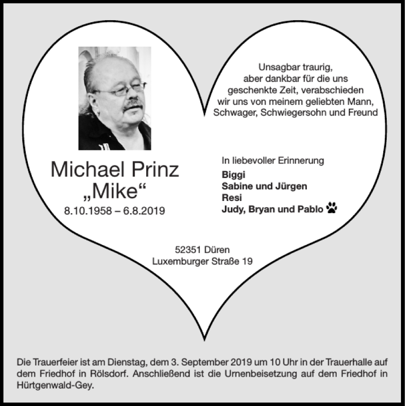  Traueranzeige für Michael Prinz Mike vom 01.09.2019 aus Super Sonntag / Super Mittwoch