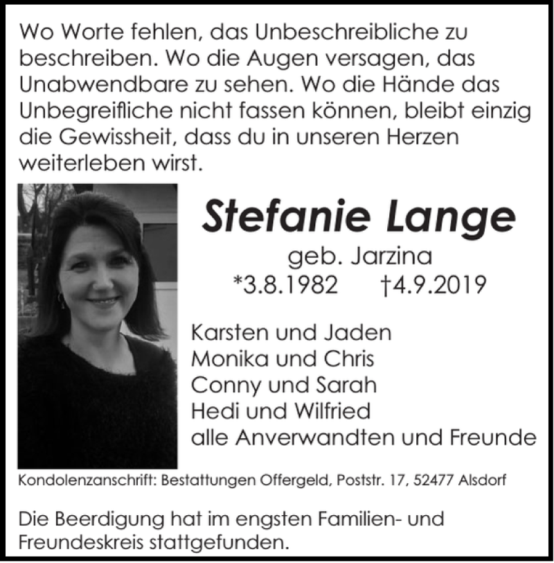  Traueranzeige für Stefanie Lange vom 22.09.2019 aus Super Sonntag / Super Mittwoch