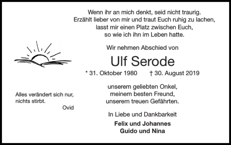  Traueranzeige für Ulf Serode vom 08.09.2019 aus Super Sonntag / Super Mittwoch