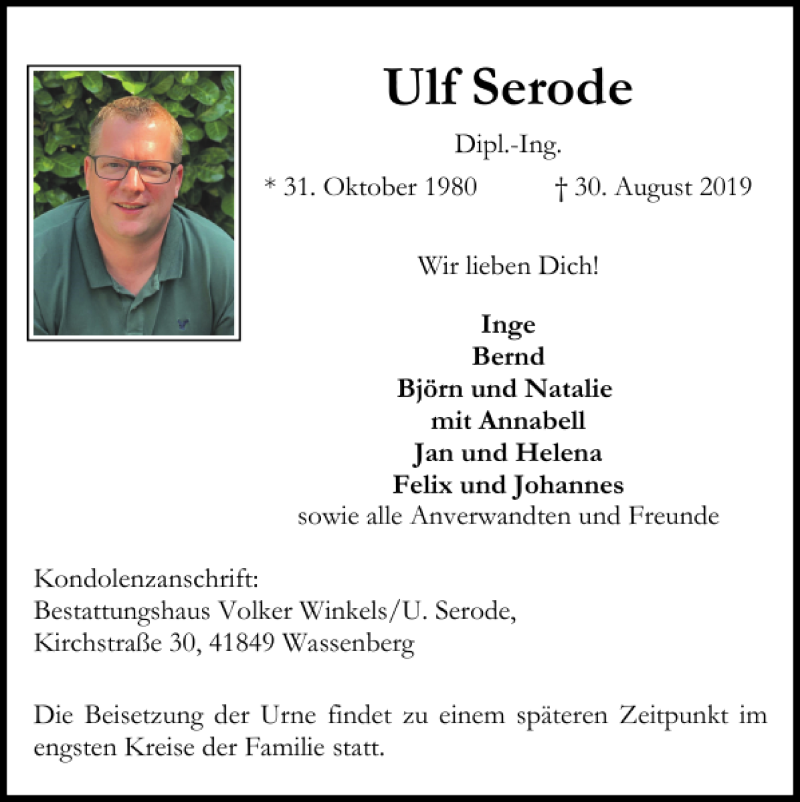  Traueranzeige für Ulf Serode vom 08.09.2019 aus Super Sonntag / Super Mittwoch