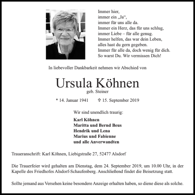  Traueranzeige für Ursula Köhnen vom 22.09.2019 aus Super Sonntag / Super Mittwoch