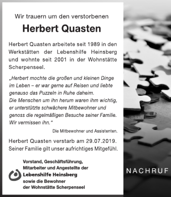 Traueranzeige von und Angestellte der Bewohner der Wohnstätte Scherpenseel  von Super Sonntag / Super Mittwoch