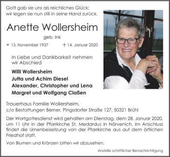 Traueranzeige von Anette Wollersheim von Super Sonntag / Super Mittwoch