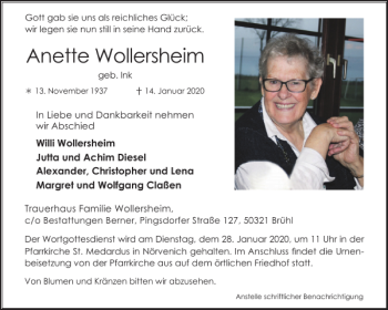 Traueranzeige von Anette Wollersheim von Aachener Zeitung / Aachener Nachrichten