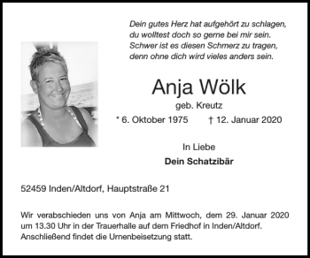Traueranzeige von Anja Wölk von Super Sonntag / Super Mittwoch