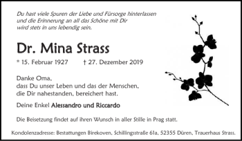Traueranzeige von Dr. Mina Strass von Super Sonntag / Super Mittwoch