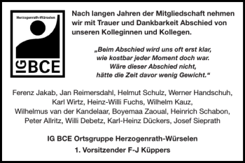 Traueranzeige von IG BCE Ortsgruppe Herzogenrath-Würselen von Super Sonntag / Super Mittwoch