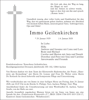 Traueranzeige von Immo Geilenkirchen von Aachener Zeitung / Aachener Nachrichten