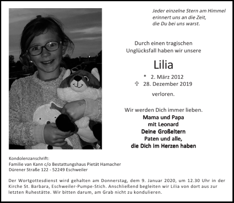  Traueranzeige für Lilia  vom 04.01.2020 aus Aachener Zeitung / Aachener Nachrichten
