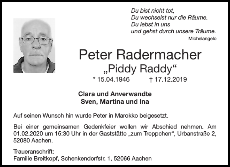  Traueranzeige für Peter Radermacher vom 22.01.2020 aus Aachener Zeitung / Aachener Nachrichten