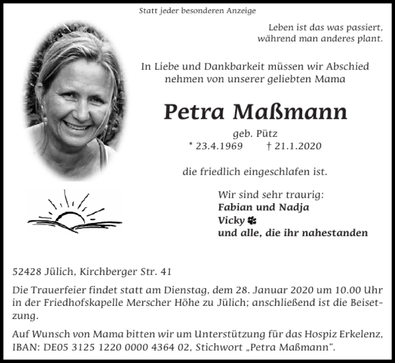  Traueranzeige für Petra Maßmann vom 26.01.2020 aus Super Sonntag / Super Mittwoch