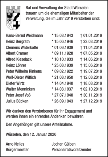 Traueranzeige von Rat und Verwaltung der Würselen von Super Sonntag / Super Mittwoch