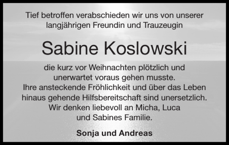  Traueranzeige für Sabine Koslowski vom 05.01.2020 aus Super Sonntag / Super Mittwoch