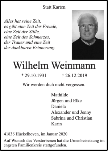 Traueranzeige von Wilhelm Weinmann Wilhelm W einmann von Super Sonntag / Super Mittwoch
