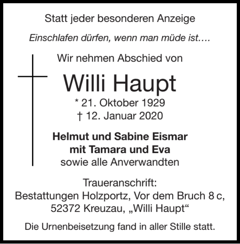 Traueranzeige für Willi Haupt vom 19.01.2020 aus Super Sonntag / Super Mittwoch