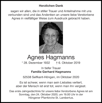 Traueranzeige von Agnes Hagmanns von Zeitung am Sonntag