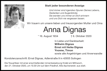 Traueranzeige von Anna Dignas von Zeitung am Sonntag